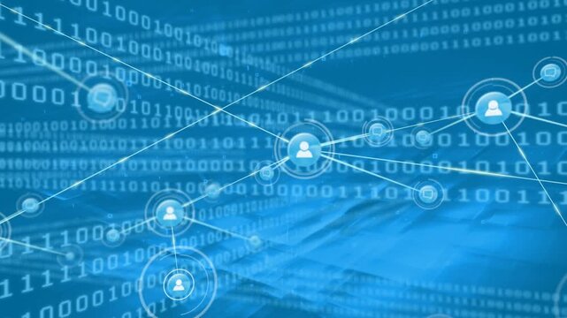 Animation of network of connections with icons and binary coding data processing