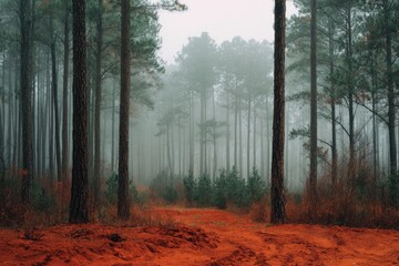 Obraz premium Tall, slender trees pierce through atmospheric mist in a dense, rust-colored forest