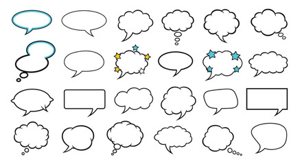 Fototapeta premium Comprehensive collection of various speech bubble and thought cloud outlines in black and white with blue and yellow accents for dialogues.