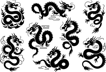 Obraz premium Black Dragon Silhouette Tattoo Icon Set