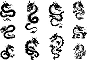 Fototapeta premium Black Dragon Silhouette Tattoo Icon Set