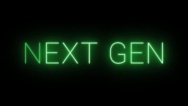 Flickering neon green glowing next gen sign animated black background.