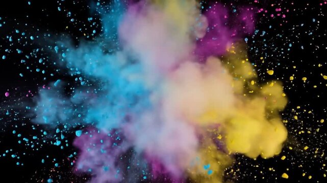 Vibrant colored powder explosion in mid-air, creating a dynamic splash of blue, pink, and yellow hues against a dark background