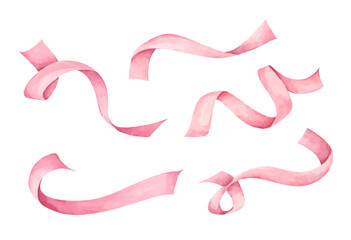 Obraz premium Pink watercolor ribbon set, wavy ribbon curled wave flow, elegant luxury decoration banner, abstract curve swirl line, gift card invitation border label corner.