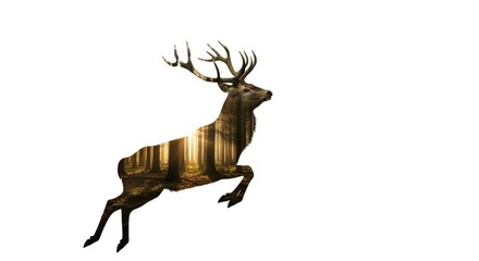 Fototapeta premium Majestic Stag Silhouette Merged With Sun-Dappled Ancient Forest in Painterly Realism
