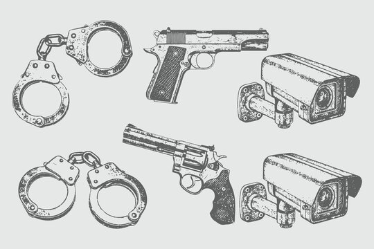 Halftone stiple effets Blood hand, Handgun Weapon, Handcuffs, Magnifying Glass, Knife, Camera vetor illustration. Vintage retro design for creative design. Eps 10