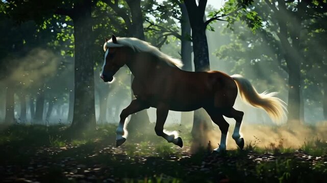 cinematic 4K video majestic horse galloping dense misty forest night. Volumetric moonlight beams piercing fog horse&rsquo;s flowing mane hooves. Floating dust particles glowing fireflies drifting Dramatic