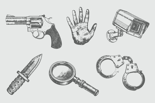 Halftone stiple effets Blood hand, Handgun Weapon, Handcuffs, Magnifying Glass, Knife, Camera vetor illustration. Vintage retro design for creative design. Eps 10