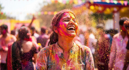 Obraz premium Joyful Hues: A woman is captured mid-laughter as vibrant colored powder paints her face, celebrating with a carefree spirit amid a lively festival. 
