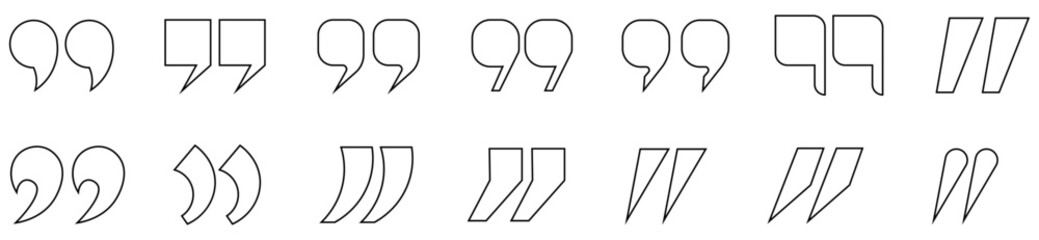 A diverse collection of black outline quotation marks featuring various typographic styles for communication and design elements