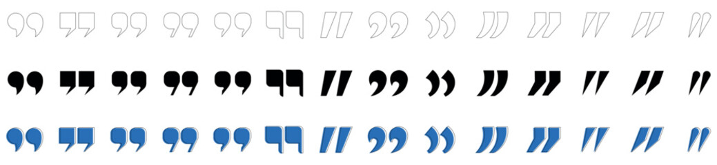 Collection of diverse double quotation mark symbols and icons presented in multiple styles and colors for graphic design elements