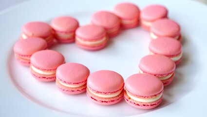 Obraz premium Delicate pink macarons arranged in a heart shape on a white plate, perfect for celebrations or romantic occasions