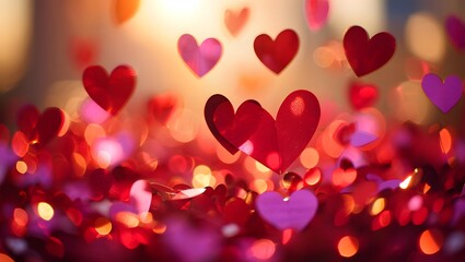 Obraz premium Romantic valentine's day background with floating hearts and bokeh lights