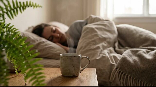 Fresh Coffee Placed on Bedside Table Next to Sleeping Partner