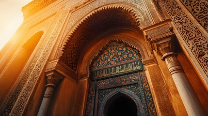 Close Up of Ancient Islamic Archway Entrance with Calligraphy Details