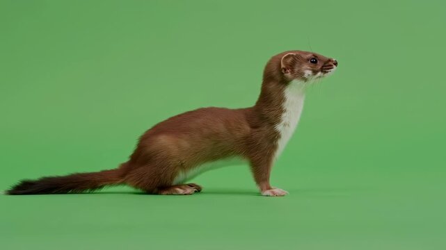 A brown weasel poses with white underbelly on a bright green backdrop