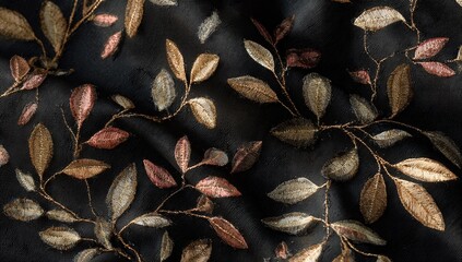 Ethereal black fabric with delicate, shimmering embroidered leaf branches in autumnal tones