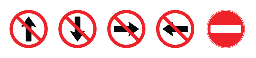 red no entry and no direction traffic road sign set prohibition symbol collection © VectorVista
