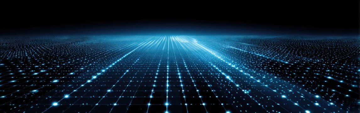 A dark, digital landscape with glowing blue grid lines receding into the distance