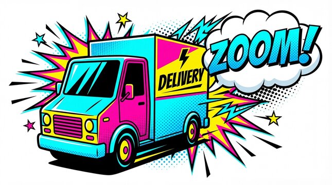 Vibrant Pop Art Delivery Truck with 'Zoom!' Effect for Fast Shipping Service