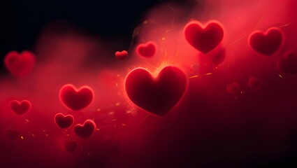 Obraz premium Abstract red hearts floating in mystical red fog background