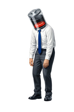 Surreal human shaped battery wearing office clothes with very low charge level, symbolizing burnout, exhaustion, and low energy at work, minimal corporate concept isolated on transparent background.