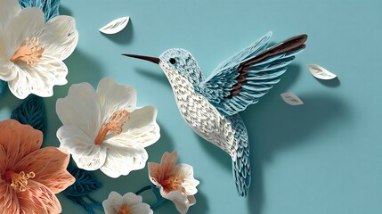 Fototapeta premium Beautiful hummingbird with flowers in paper art