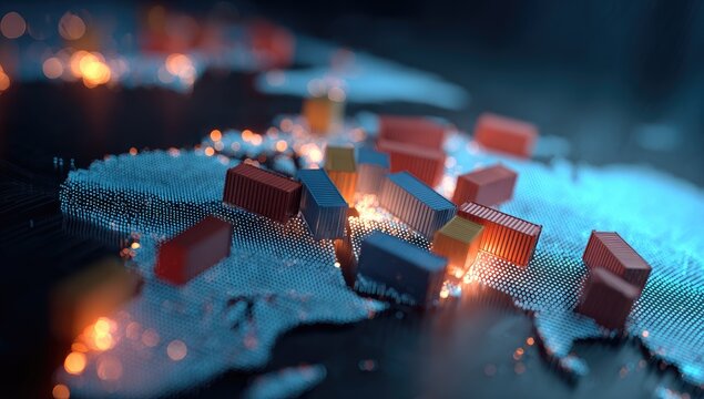 Global shipping containers scattered across a digitally rendered world map