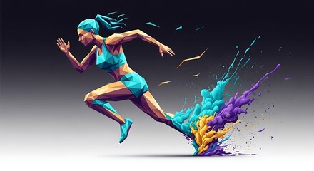Geometric style woman runner, polygonal art, moving forward with abstract colorful liquid splashes trailing behind, modern sport and creativity concept