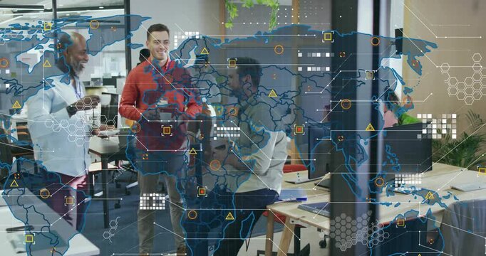 Colleagues gathering for coffee break initiating hologram map overlay expanding tech network data