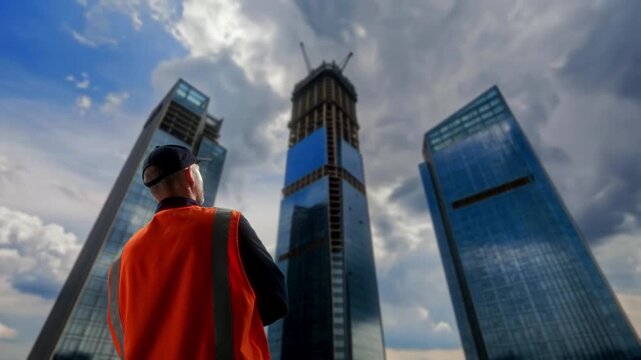 Skyline Cranes And Workforce, Construction Site Buzzing With Activity And Towering Glass Structures