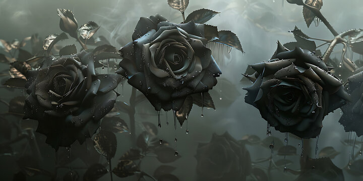 Single Black Rose with Green Leaves