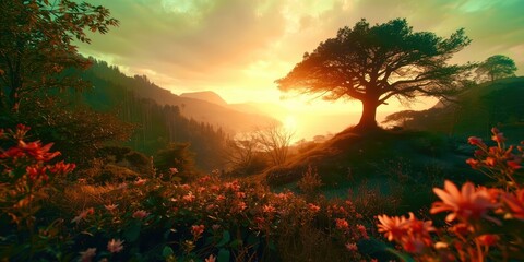 A beautiful, serene landscape with a tree in the foreground