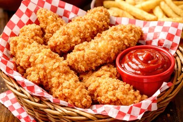 A basket of fried chicken with ketchup and a side of french fries