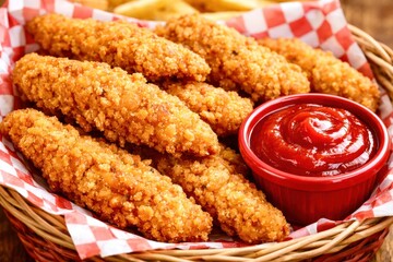 A basket of fried chicken with ketchup and a side of french fries