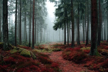 Fototapeta premium Misty forest path lined with vibrant red foliage and tall evergreen trees