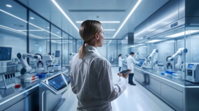 Female Doctor Engaged In Precise Clinical Research Within Hightech Automated Laboratory Environment