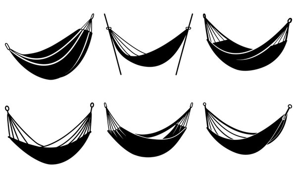 Set of black hammocks hanging from poles in different configurations, illustrations showcasing various viewpoints and resting styles