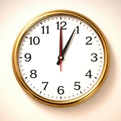 A gold clock with a white face showing the time as 10:00