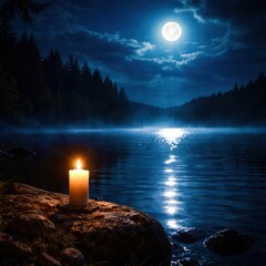 A candle is lit on a rock by a lake at night