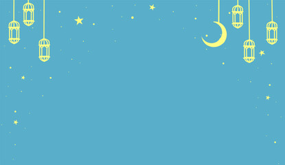 Festive blue night sky with crescent moon stars and glowing traditional lanterns