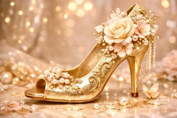 A gold shoe with flowers and pearls on it