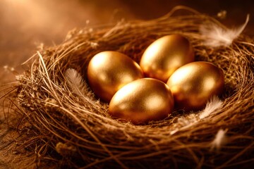 A nest of four golden eggs sits on a wooden surface