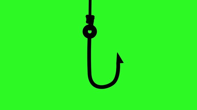 Black minimalist fishing hook silhouette on green screen background. Static 2D vector graphic of a sharp metal fishhook with line.