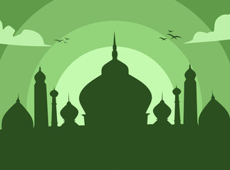 Islamic Architecture Mosque Silhouette Green Gradient Sky Design Background Illustration