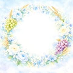 A blue and white flower wreath with grapes and flowers