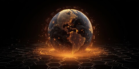 Obraz premium Futuristic planet illuminated by fiery energy on a hexagonal grid