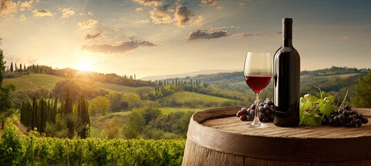 Obraz premium Wine, glass, and grapes on barrel, vineyard landscape sunset backdrop
