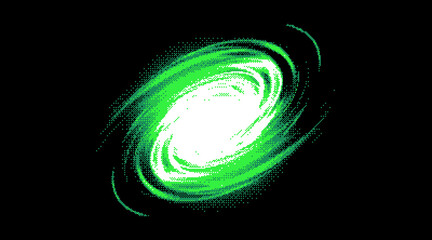 Pixel art green energy vortex with bright glowing core swirling on dark space background © Blank mind