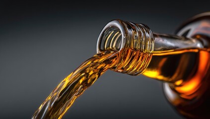 Amber liquid pouring from a glass bottle against a dark background